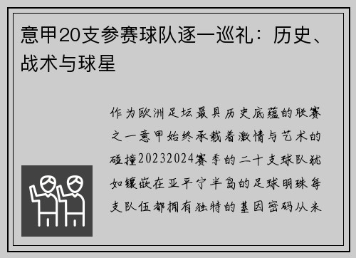 意甲20支参赛球队逐一巡礼：历史、战术与球星