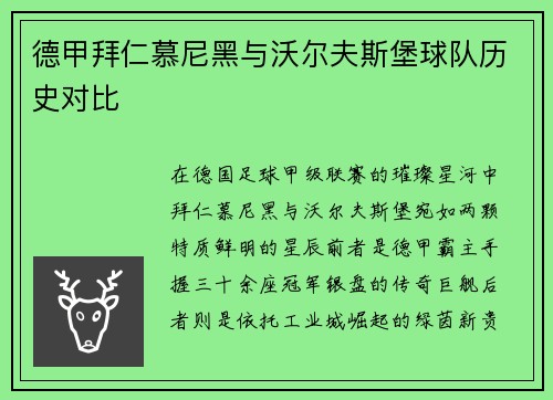 德甲拜仁慕尼黑与沃尔夫斯堡球队历史对比