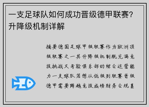 一支足球队如何成功晋级德甲联赛？升降级机制详解
